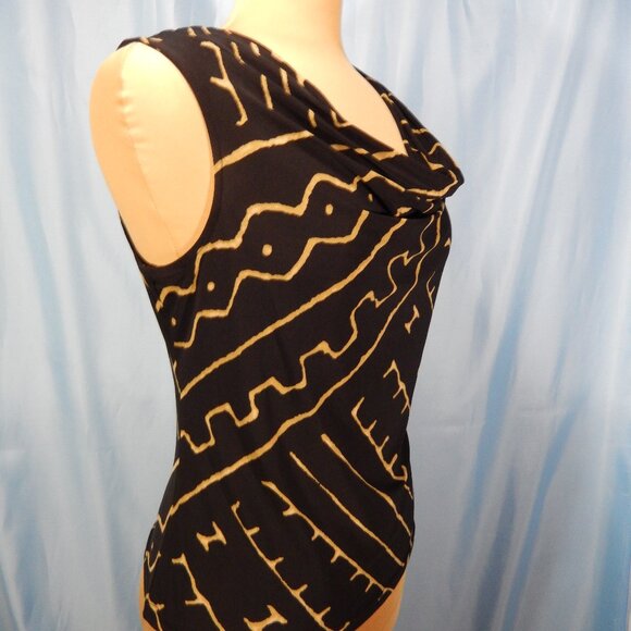 Chaps Black & Tan Tribal Print Draped Cowl Neck Sleeveless Stretch Career Top PL - Picture 5 of 8